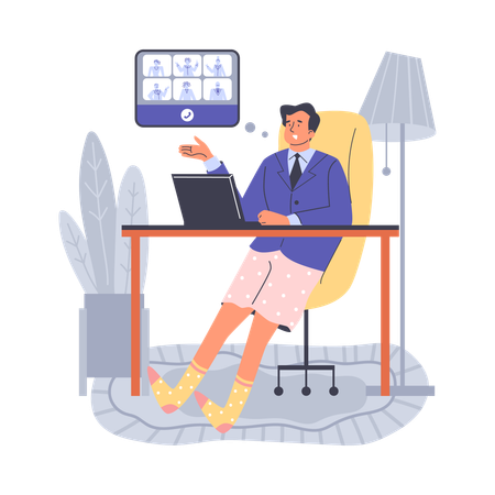 Un homme assis lors d'une visioconférence en veste et short  Illustration