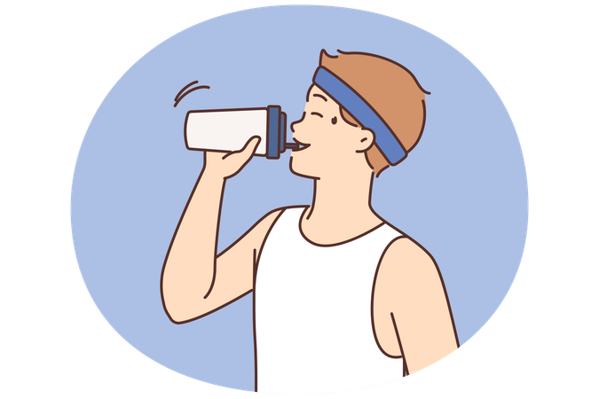 Un homme assoiffé boit de l'eau à la bouteille  Illustration