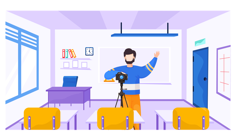 Un homme avec un appareil photo sur un trépied lève la main gauche  Illustration