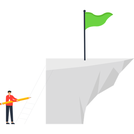 Un homme avec un crayon s'approche du drapeau de l'objectif sur la falaise de l'ambition et du succès  Illustration
