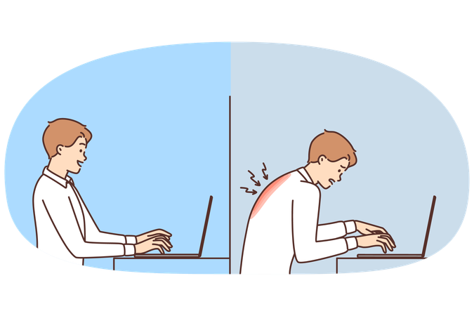 Un homme avec un ordinateur portable ressent des douleurs dans le dos et une mauvaise posture au travail  Illustration