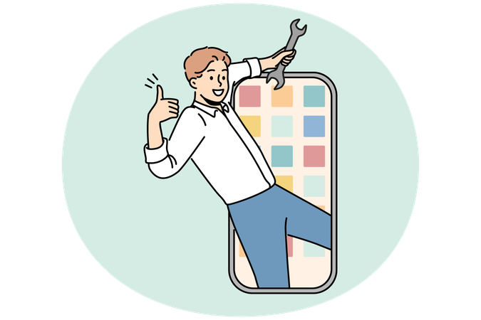 Un homme avec une clé répare son smartphone  Illustration