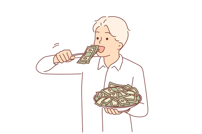 L'homme gourmand mange de l'argent dans une assiette symbolisant l'avidité et l'ambition de richesse ou de gros salaire  Illustration