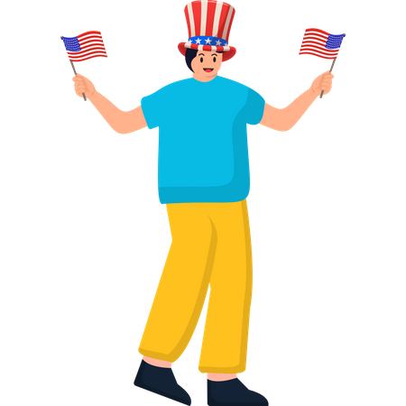 Un Homme Célébrant Le Jour De L'Indépendance Tenant Le Drapeau Des États-Unis  Illustration