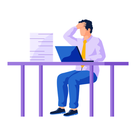 Un homme choqué assis à une table avec un ordinateur et une pile de documents  Illustration