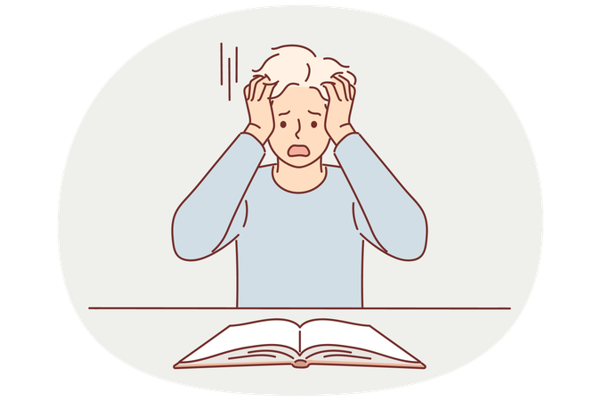 Un homme choqué lit un livre et s'arrache les cheveux après avoir appris des faits effrayants de l'histoire  Illustration