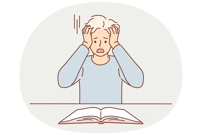 Un homme choqué lit un livre et s'arrache les cheveux après avoir appris des faits effrayants de l'histoire  Illustration