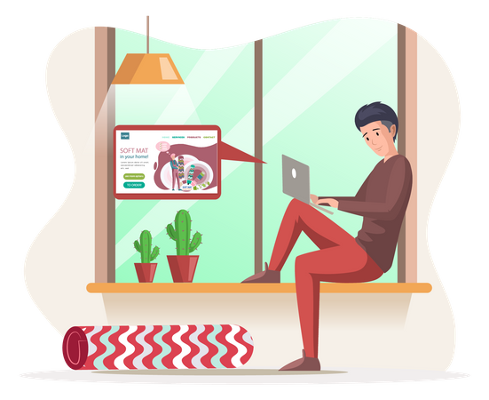 Un homme commande du tapis dans une boutique en ligne avec des rouleaux de textile  Illustration