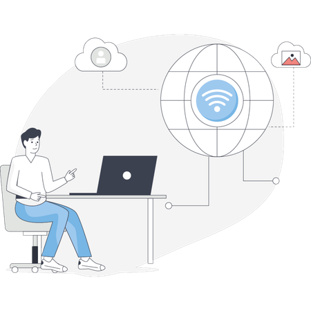 Un homme concentré sur un ordinateur portable avec un Wi-Fi visible  Illustration