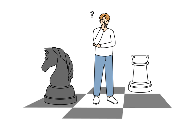 Un homme confus quant à la prochaine étape en jouant aux échecs  Illustration