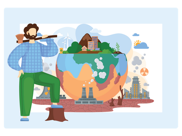Un homme coupe des arbres et viole le réchauffement climatique  Illustration