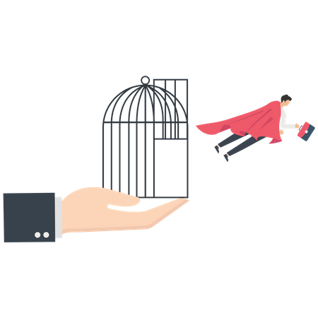 Un homme d'affaires avec une cape rouge vole d'une cage  Illustration