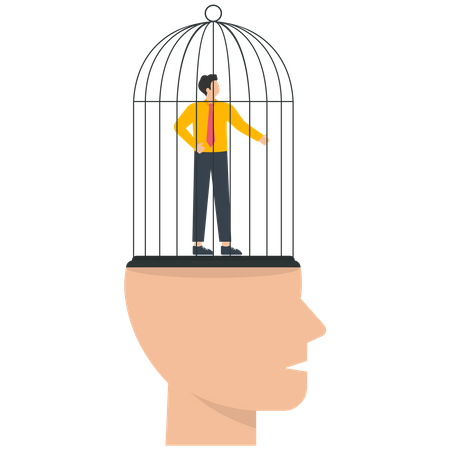 Un homme d'affaires dans une cage sur une tête humaine  Illustration