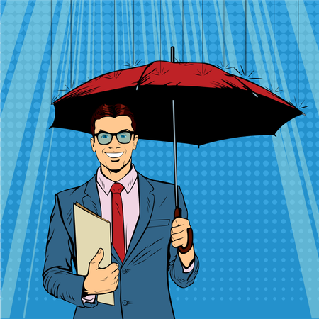 Un homme d'affaires debout tenant un parapluie protégeant son argent pour les investissements, la gestion de l'argent. Économiser de l’argent pour toute crise financière viendra. Un style contemporain. Illustration vectorielle rétro pop art  Illustration