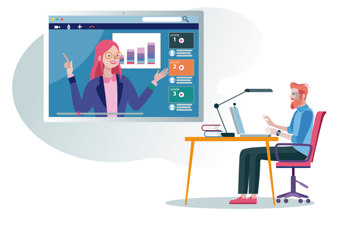 Un homme d'affaires suivant un cours de formation en ligne et d'apprentissage en ligne via son ordinateur portable avec un professeur professionnel en ligne  Illustration