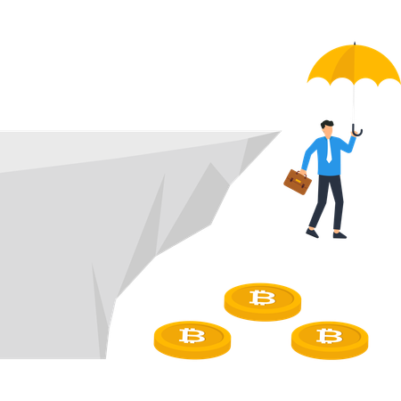 Un homme d'affaires avec un parapluie s'approche d'une falaise avec des pièces Bitcoin  Illustration