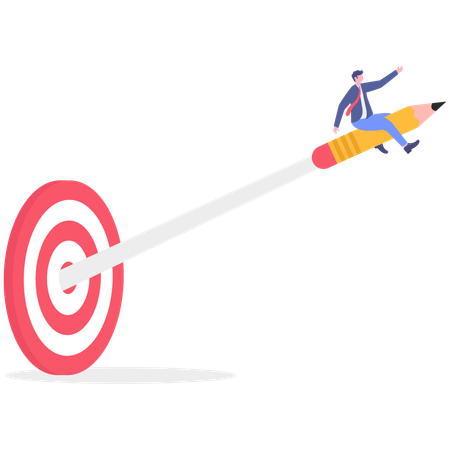 Un homme d'affaires chevauchant un crayon pour atteindre son objectif commercial  Illustration