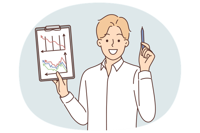 Un homme d'affaires démontre les résultats de l'audit du budget de l'entreprise et tient un stylo et un presse-papiers avec des graphiques  Illustration