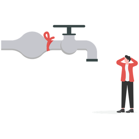 Un homme d'affaires épuisé s'approche d'un robinet d'eau bloqué et rempli de billets de banque  Illustration