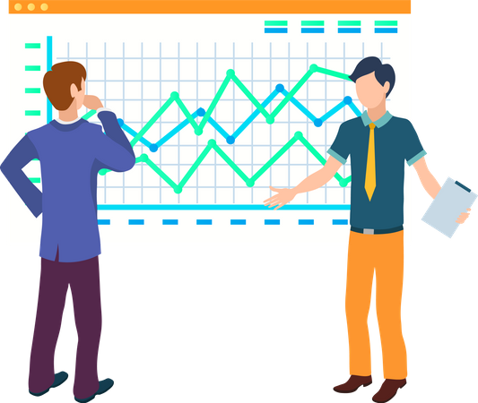 L'homme d'affaires et son équipe discutent de l'analyse commerciale  Illustration