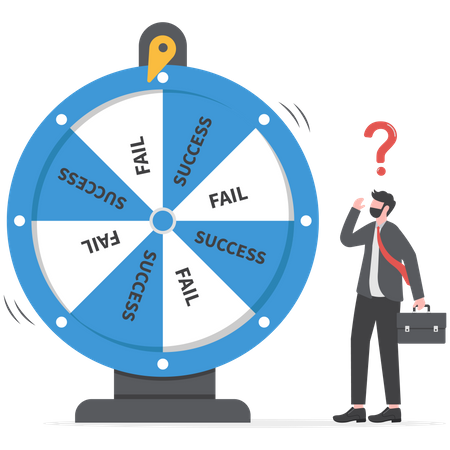 L'homme d'affaires fait tourner la roue de sa chance mais ne correspond pas à la boîte, ce qui signifie une hésitation à diriger une entreprise  Illustration