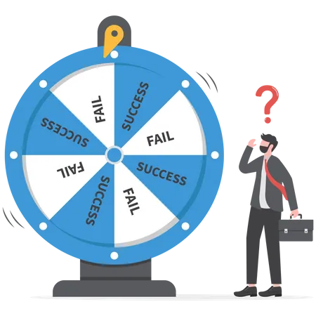 L'homme d'affaires fait tourner la roue de sa chance mais ne correspond pas à la boîte, ce qui signifie une hésitation à diriger une entreprise  Illustration