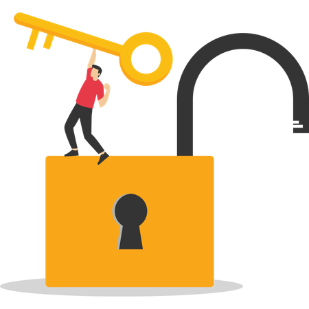 Un homme d'affaires intelligent a réussi à ouvrir un cadenas avec une clé  Illustration
