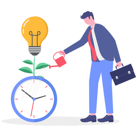 Un homme d'affaires plante des idées avec le temps  Illustration