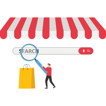 Un homme d'affaires recherche un produit en ligne  Illustration