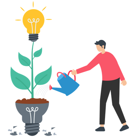 Un homme d'affaires regarde une plante d'idée lumineuse de semis grandir à partir d'une plante cassée  Illustration
