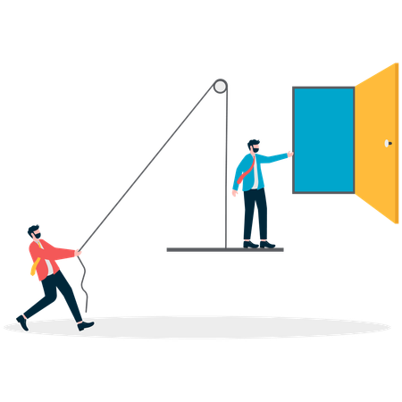 Un homme d'affaires s'approche d'un collègue pour lui ouvrir la porte  Illustration