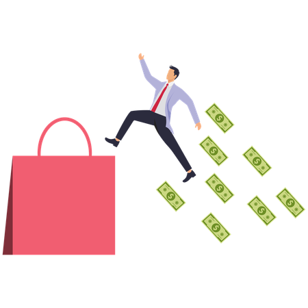 Un homme d'affaires saute par-dessus un grand sac de courses et l'argent se disperse derrière lui  Illustration