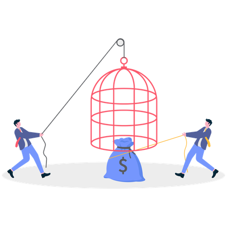 Un homme d'affaires tire une cage tandis qu'un autre homme tire un sac d'argent  Illustration