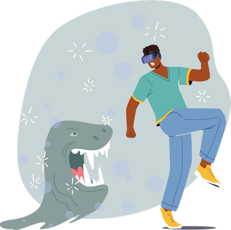 Un homme dans des lunettes VR s'échappe d'un monstre effrayant  Illustration