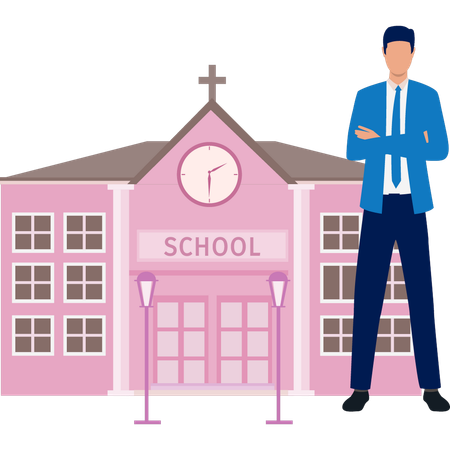 Un homme debout près d'un bâtiment scolaire  Illustration