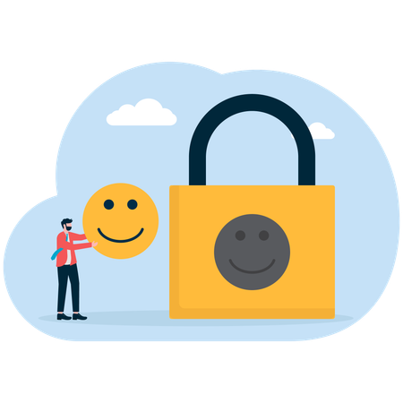 Un homme devant un cadenas et un smiley clignotant au-dessus de sa tête  Illustration