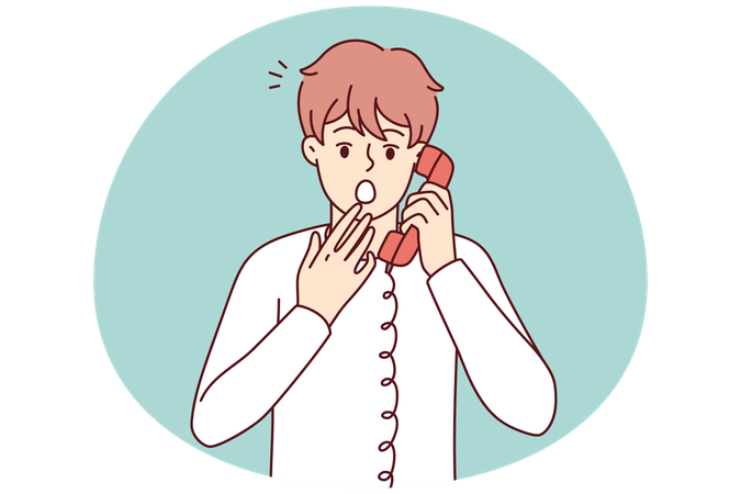 Un homme effrayé tenant un combiné téléphonique près de son oreille ressent de la peur après des menaces téléphoniques  Illustration
