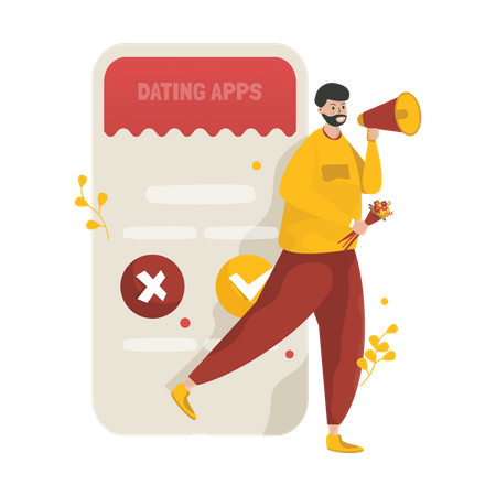 Un homme attend un partenaire sur une application de rencontres  Illustration