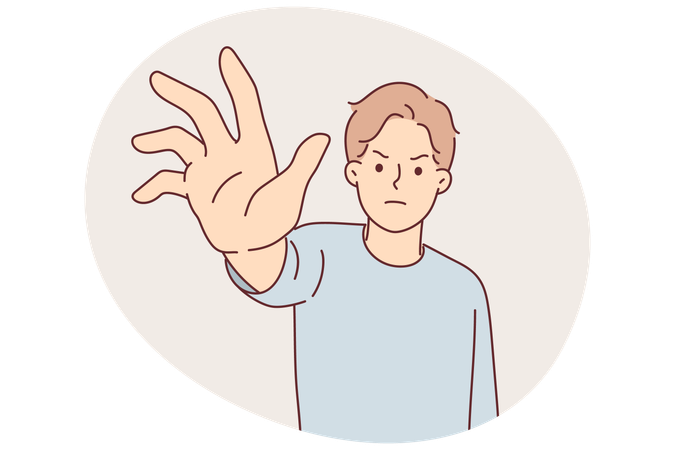 Un homme en colère tend la main vers l'écran pour tenter de retirer quelque chose ou d'arrêter des actions nuisibles  Illustration