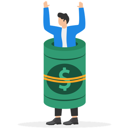 Un homme en costume d'affaires se tient debout, enveloppé dans un rouleau de deng maintenu ensemble par une bande élastique  Illustration