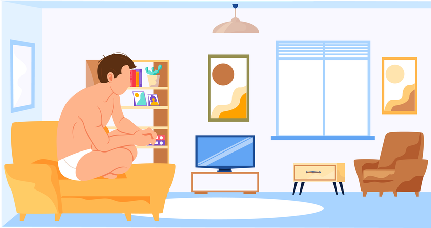 Un homme en sous-vêtements passe du temps dans son appartement  Illustration