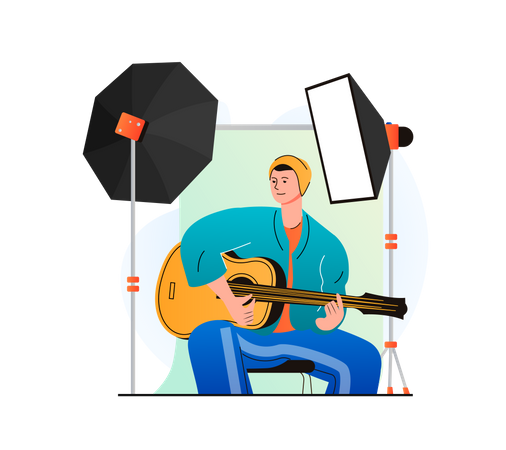Un homme enregistre une performance de guitare en studio  Illustration
