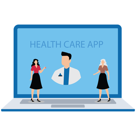 Un homme et une femme âgée discutent avec un médecin à l'aide d'une application de soins de santé  Illustration