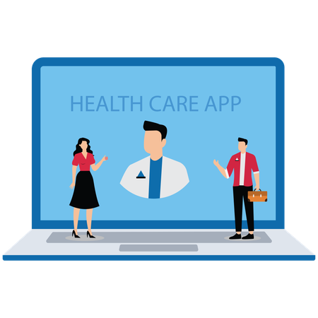 Un homme et une femme discutent avec un médecin à l'aide d'une application de soins de santé  Illustration
