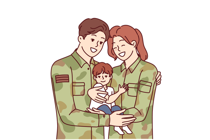 Un homme et une femme en uniforme de soldat s'embrassent et tiennent leur petit fils dans les bras et célèbrent la journée de la famille.  Illustration