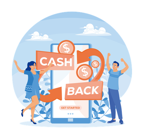 Un homme et une femme heureux reçoivent du Cashback en ligne tout en bénéficiant de réductions lors de leurs achats  Illustration