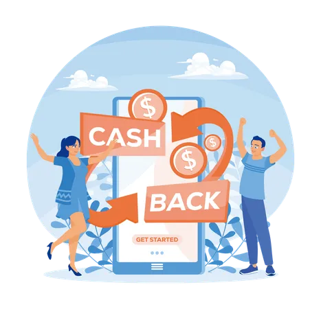 Un homme et une femme heureux reçoivent du Cashback en ligne tout en bénéficiant de réductions lors de leurs achats  Illustration