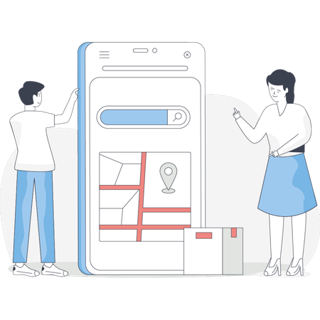 Un homme et une femme se tiennent à côté d'un téléphone affichant une carte discutant des directions  Illustration