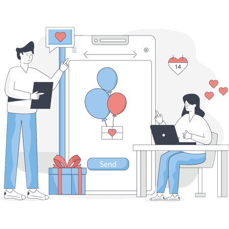 Un homme et une femme sont assis à une table avec un ordinateur portable focalisé sur l'écran affichant des informations ou un projet  Illustration
