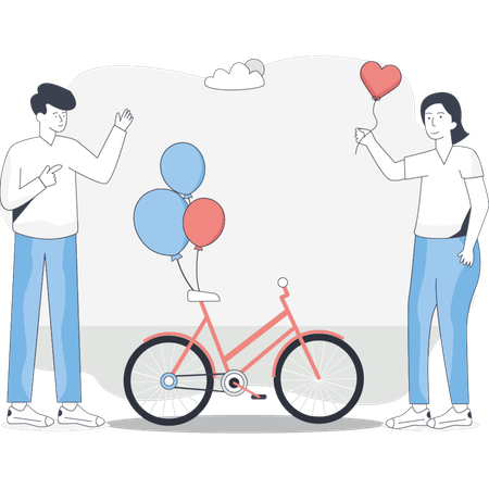 Un homme et une femme tiennent des ballons colorés tout en se tenant à côté d'un vélo dans un cadre extérieur joyeux  Illustration